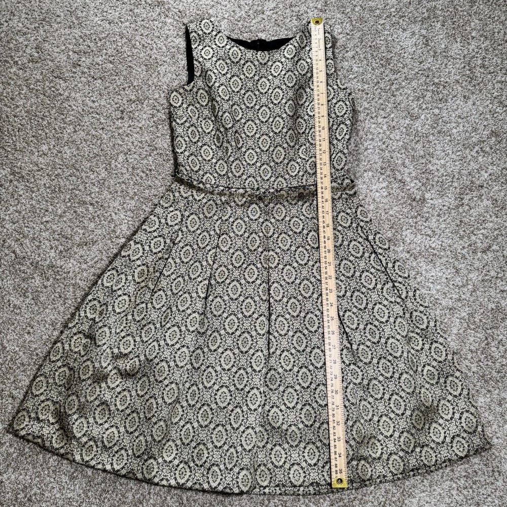 Talbots Womens Size 2 Gold‎ Black Jacquard Fit Flare Dress Rhinestone Belt - Picture 7 of 16